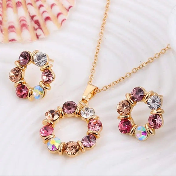 3pcs Circle Diamond Gold Necklace Earrings Set Ladies Celebrity Women Jewelry - Gemstone Gold