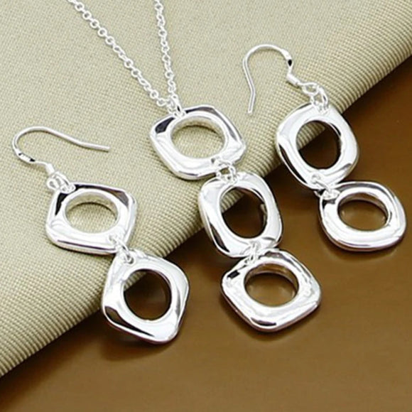 Silver Round Square Necklace Earring Set For Woman Wedding Engagement  Jewelry
