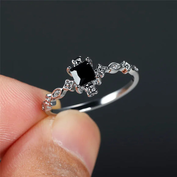 Vintage Black Square Zircon Ring Wedding Silver Engagement Jewelry For Women