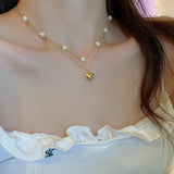 Double-layer Pearl Love Pendant Necklace Women Jewelry Wedding Party