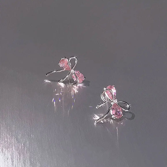 Bow Pink Zircon Stud Earrings Silver For Woman Piercing Wedding Luxury Jewelry
