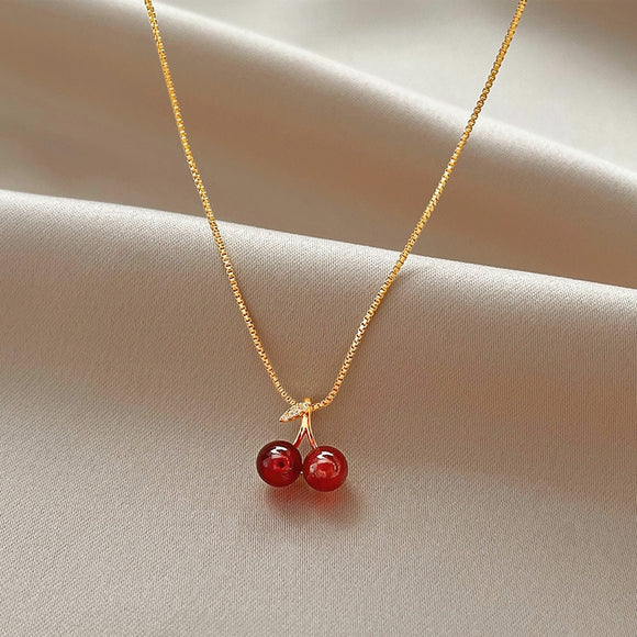 Red Cherry Gold Pendant Necklace For Women Wedding Birthday Gifts Jewelry