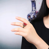 Natural Carnelian Antique Gold Rings for Women Flower Enamel Jewelry