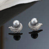 Feather wrapped up Pearl Stud Earrings for Women Bride Wedding Jewelry