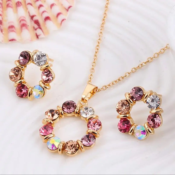 3pcs Circle Diamond Gold Necklace Earrings Set Ladies Celebrity Women Jewelry