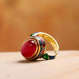 Natural Carnelian Antique Gold Rings for Women Flower Enamel Jewelry