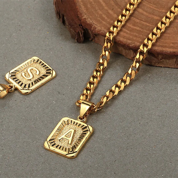 Initial Letter Pendant Necklace for Women Men Gold Curb Chain Jewelry