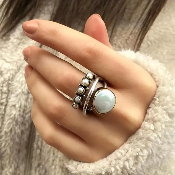 Vintage Two Tone Pearl Ring Women Accessories Girl Party Jewelry