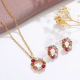 3pcs Circle Diamond Gold Necklace Earrings Set Ladies Celebrity Women Jewelry