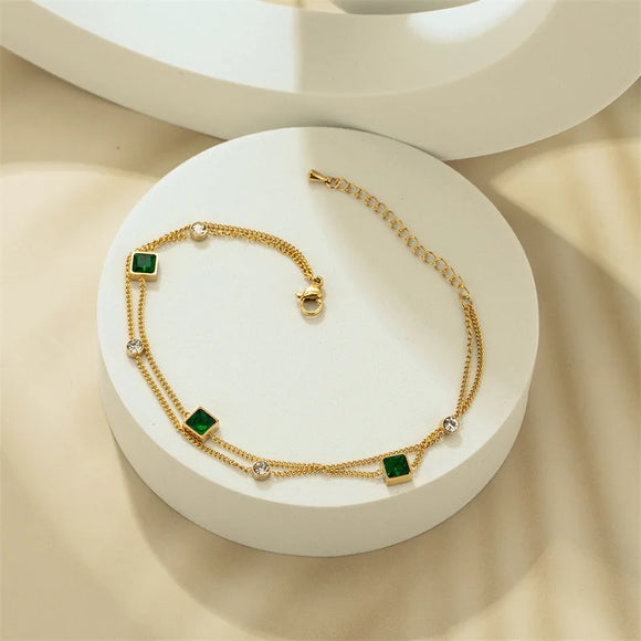 2 Layer Embedded Zircon Green Crystal Wedding Square Chain Anklet For Women Jewelry