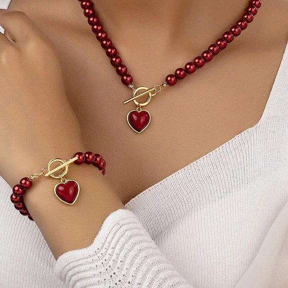 Natural Red Pearl Jewelry Set Pendant Necklace Bracelet For Girl