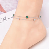 2 Layer Embedded Zircon Green Crystal Wedding Square Chain Anklet For Women Jewelry