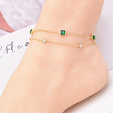 2 Layer Embedded Zircon Green Crystal Wedding Square Chain Anklet For Women Jewelry