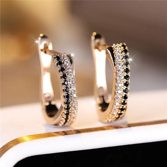 Luxury Black Zircon Stone Hoop Earrings Charm Gold Wedding Jewelry For Women