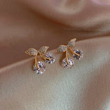 Cherry Delicate Stud Earrings For Women Cute Zircon Rhinestone Bow Bowknot Jewelry