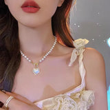 Double-layer Pearl Love Pendant Necklace Women Jewelry Wedding Party