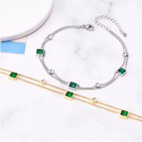 2 Layer Embedded Zircon Green Crystal Wedding Square Chain Anklet For Women Jewelry