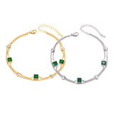 2 Layer Embedded Zircon Green Crystal Wedding Square Chain Anklet For Women Jewelry
