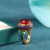 Natural Carnelian Antique Gold Rings for Women Flower Enamel Jewelry