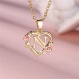 A-Z Letter Flower Pendant Necklace Yellow Gold Color Wedding Jewelry Women