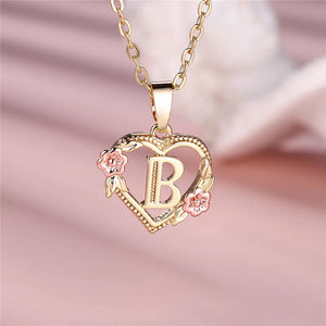 A-Z Letter Flower Pendant Necklace Yellow Gold Color Wedding Jewelry Women