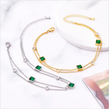 2 Layer Embedded Zircon Green Crystal Wedding Square Chain Anklet For Women Jewelry