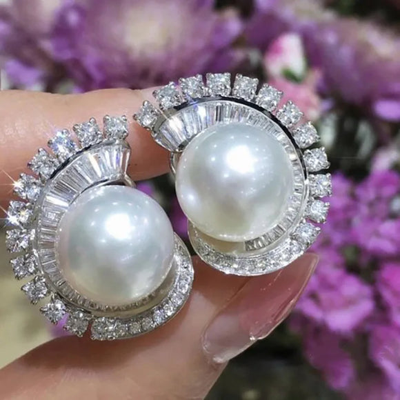 Silver Pearl Pierced Earrings Bridal Wedding Jewelry Bright Zircon for Engagement