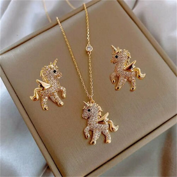 Flying Horse Wings Jewelry Set Earrings Necklace for Women Girls Cute Animal