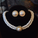 Vintage Pearl Double Layer Necklace Earrings Women Wedding Jewelry