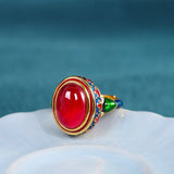 Natural Carnelian Antique Gold Rings for Women Flower Enamel Jewelry