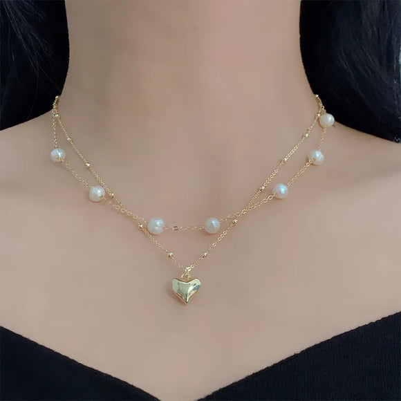 Double-layer Pearl Love Pendant Necklace Women Jewelry Wedding Party