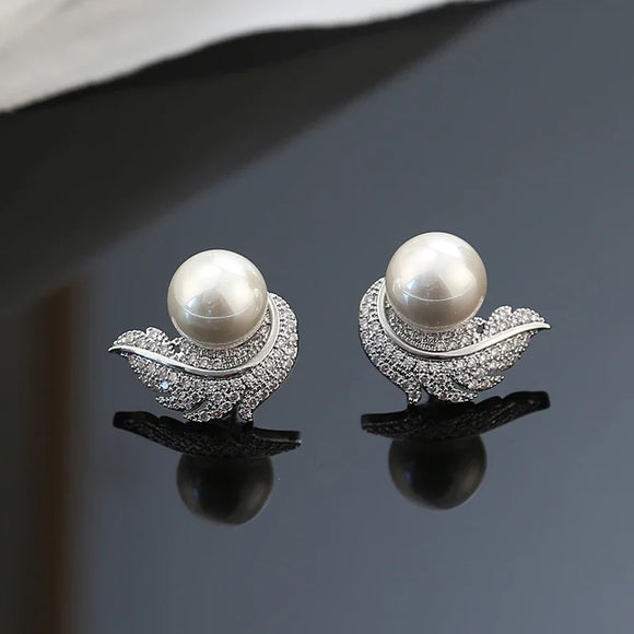 Feather wrapped up Pearl Stud Earrings for Women Bride Wedding Jewelry