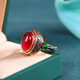 Natural Carnelian Antique Gold Rings for Women Flower Enamel Jewelry