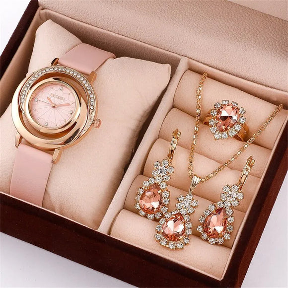 Luxury Women 5Pcs Jewelry Set Wristwatch Wedding Jewelry