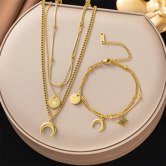 Unique Stars Moon Jewelry Set 18K Gold Chain Women Necklaces Bracelets