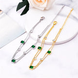 2 Layer Embedded Zircon Green Crystal Wedding Square Chain Anklet For Women Jewelry