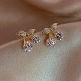 Cherry Delicate Stud Earrings For Women Cute Zircon Rhinestone Bow Bowknot Jewelry