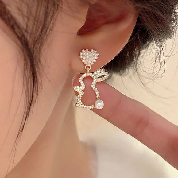 Hollow Animal Rabbit Drop Earrings for Women Pearl Heart Party Jewelry
