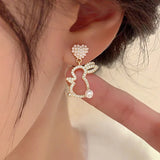 Hollow Animal Rabbit Drop Earrings for Women Pearl Heart Party Jewelry