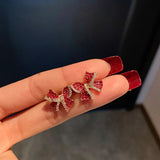 Cherry Delicate Stud Earrings For Women Cute Zircon Rhinestone Bow Bowknot Jewelry
