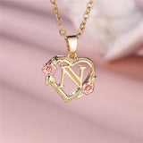 A - Z Letter Flower Pendant Necklace Yellow Gold Color Wedding Jewelry Women - Gemstone Gold