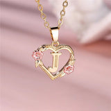 A - Z Letter Flower Pendant Necklace Yellow Gold Color Wedding Jewelry Women - Gemstone Gold