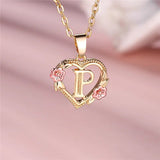 A - Z Letter Flower Pendant Necklace Yellow Gold Color Wedding Jewelry Women - Gemstone Gold