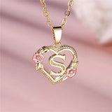 A - Z Letter Flower Pendant Necklace Yellow Gold Color Wedding Jewelry Women - Gemstone Gold