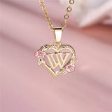 A - Z Letter Flower Pendant Necklace Yellow Gold Color Wedding Jewelry Women - Gemstone Gold