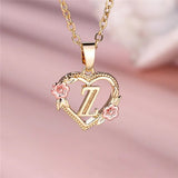 A - Z Letter Flower Pendant Necklace Yellow Gold Color Wedding Jewelry Women - Gemstone Gold
