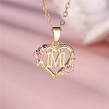 A - Z Letter Flower Pendant Necklace Yellow Gold Color Wedding Jewelry Women - Gemstone Gold