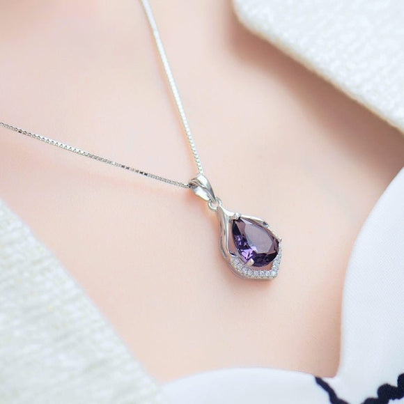 Amethyst Gemstone Pendant Necklace Water Drop Wedding Jewelry - Genuine - Gemstone