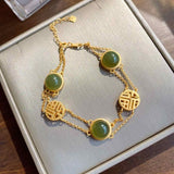 Antique Jade Bracelet 14k Yellow Gold For Women Jewelry - Genuine - Gemstone