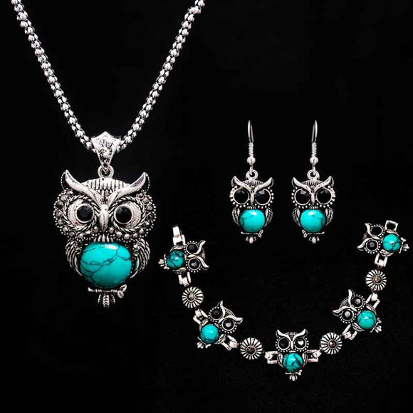 Antique Silver Owl Jewelry set Necklace for Women Anniverssary Jewelry - Genuine - Gemstone